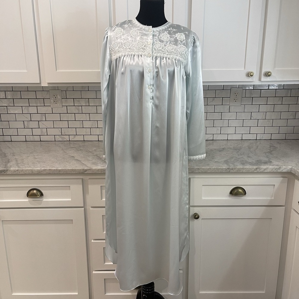 Oscar de la Renta Gown Womens XS Blue Lace Bodice Button Long Nightgown